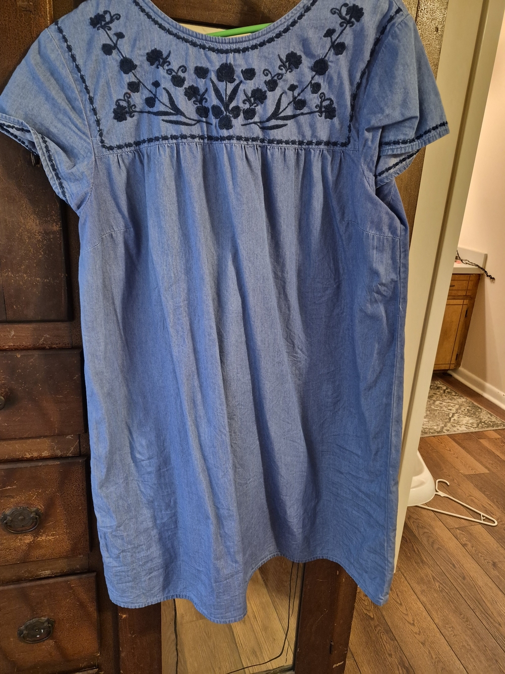 Old Navy Blue Denim Mini Dress with Navy Floral Embroidery